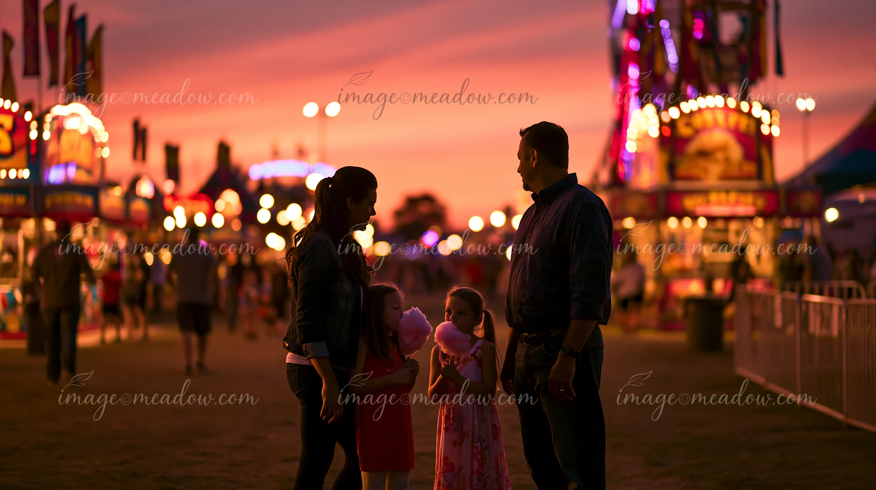A family enjoys cotton candy together at a funfair while the sunset creates a colorful sky.