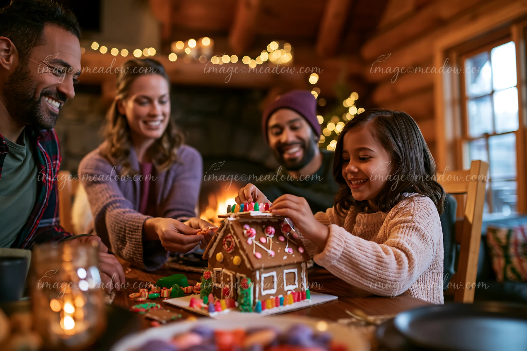 A family gathers in a cozy cabin to assemble a gingerbread house.
