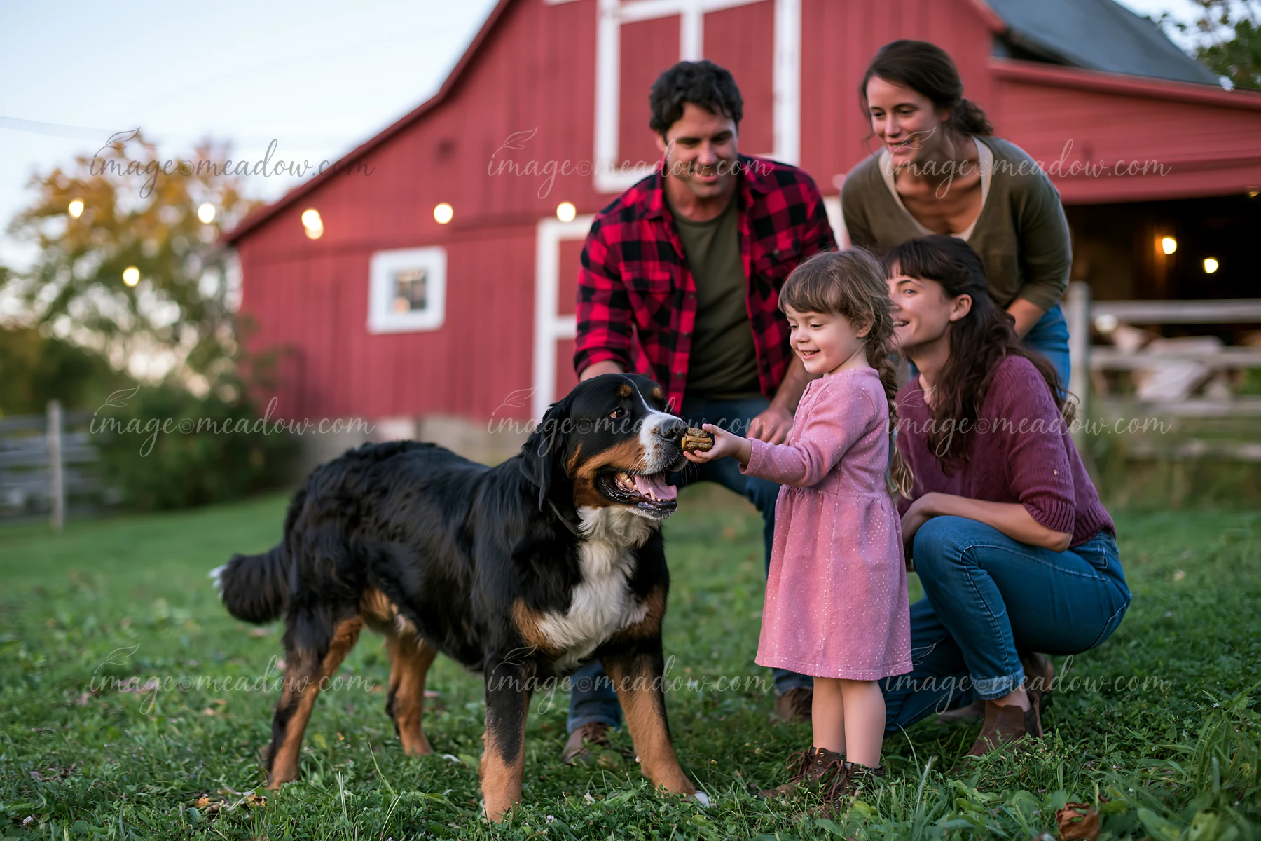 A family interacts with their rare dog breed near a barn at dusk.