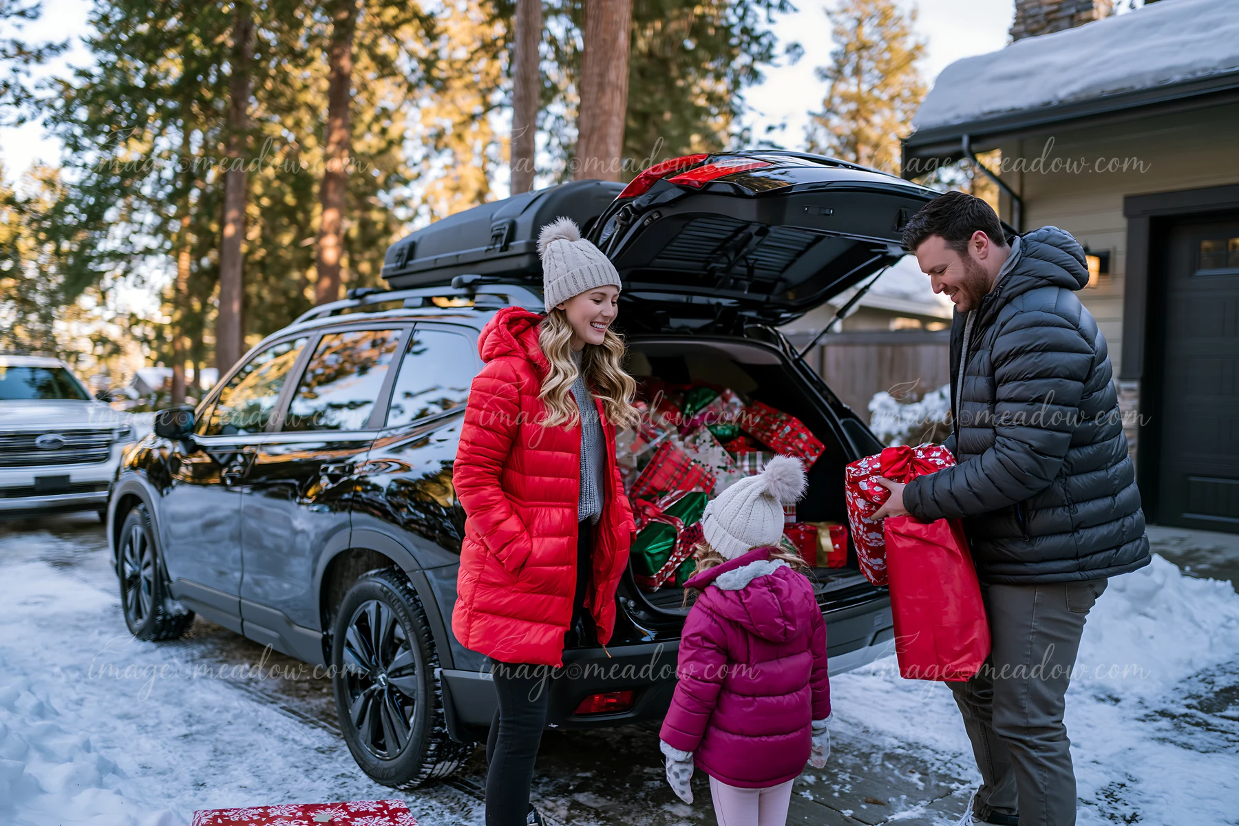 A family packs gifts into the trunk of their car while getting ready for a winter holiday road trip in a snowy area.