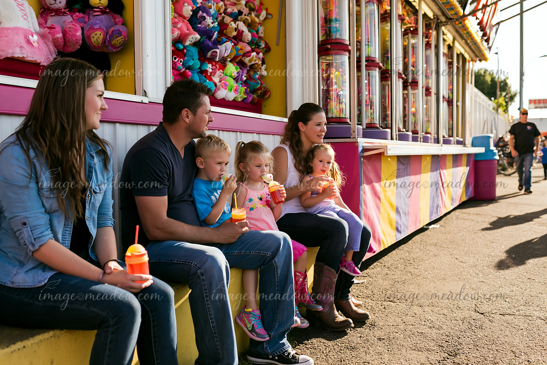 A family sits together at a fairground, holding snacks and enjoying the atmosphere.