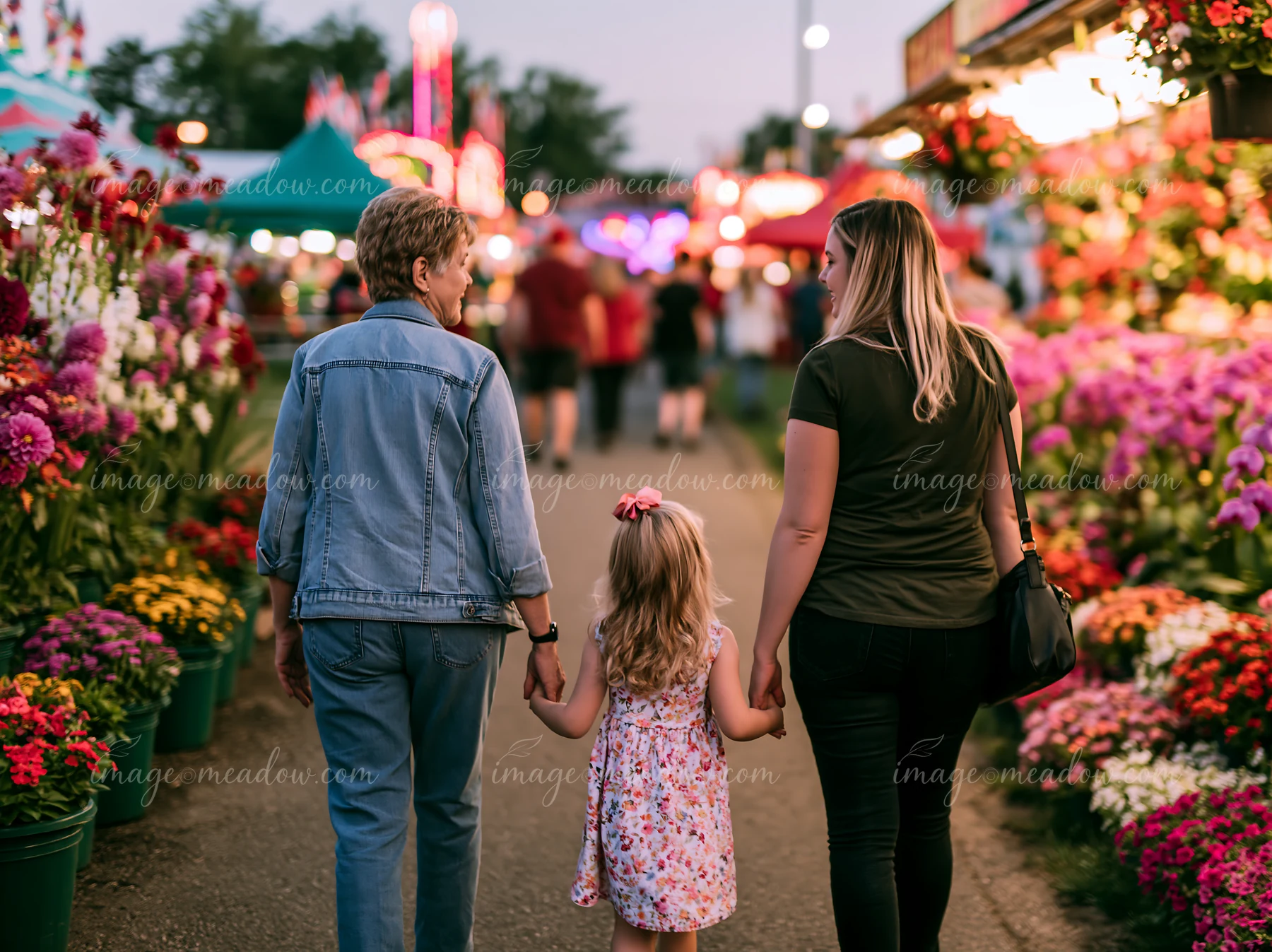A family walking hand in hand through a fair at twilight, surrounded by colorful flowers and bright lights.
