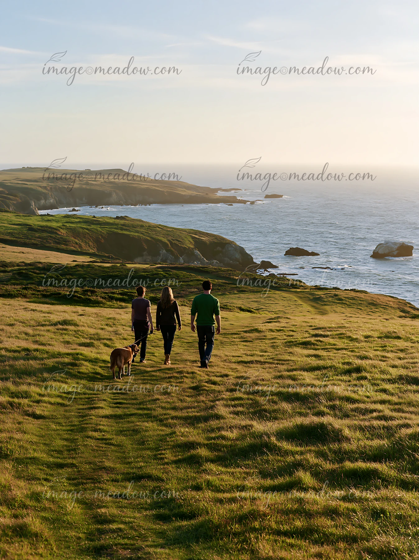 A family with a dog walks along a path on a coastal meadow under a broad open sky.