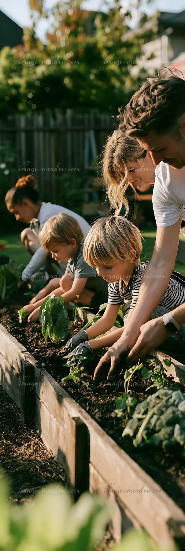 A family works together planting vegetables in a backyard garden.
