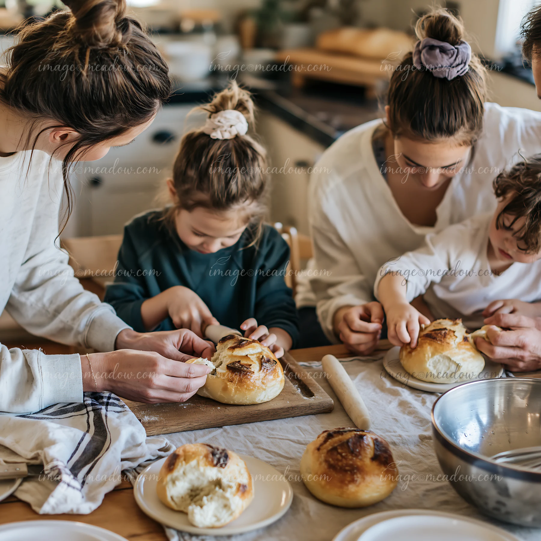 A family works together to bake bread in their cozy kitchen.