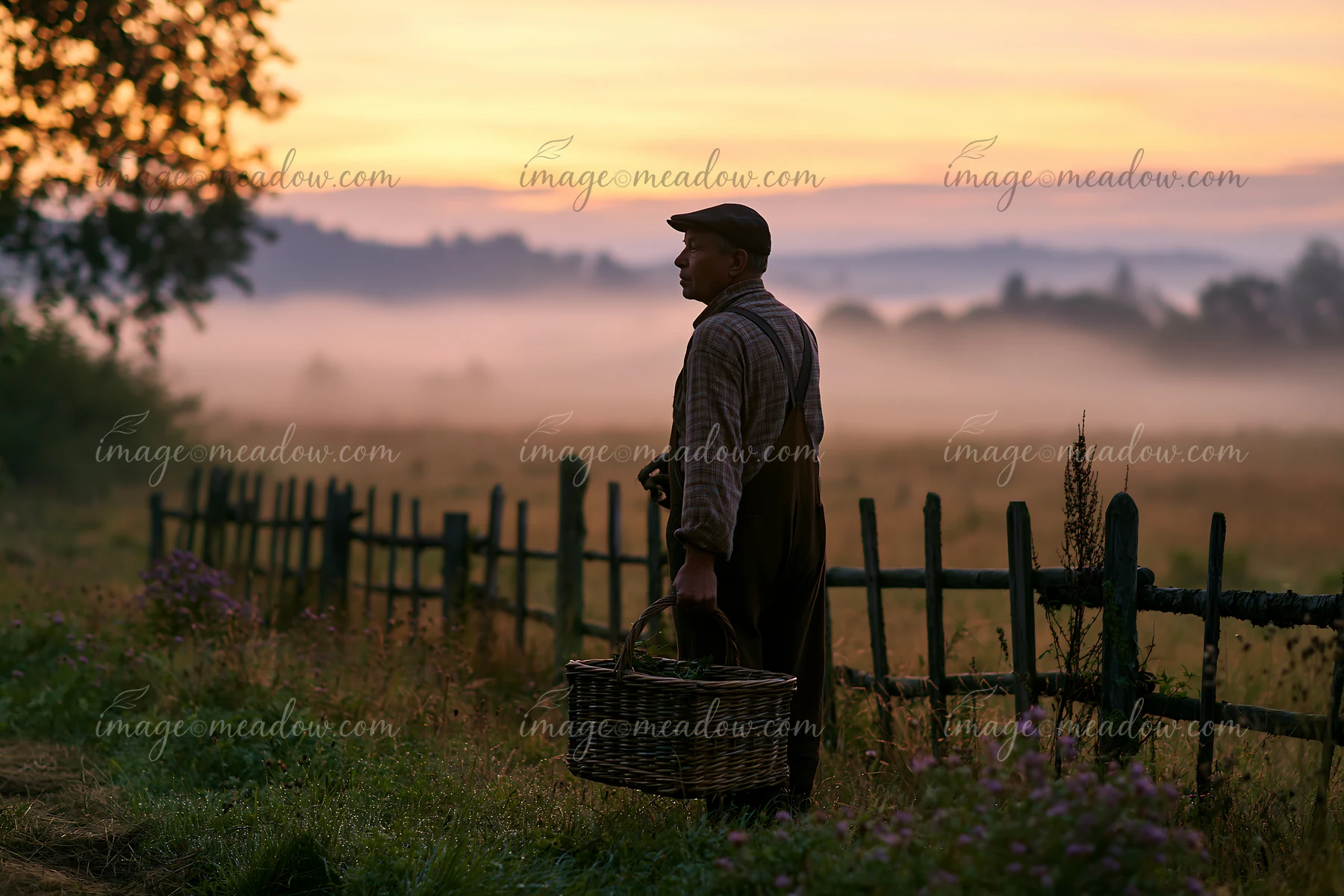 A farmer stands near a wooden fence holding a basket as fog drifts across the meadow during sunrise.