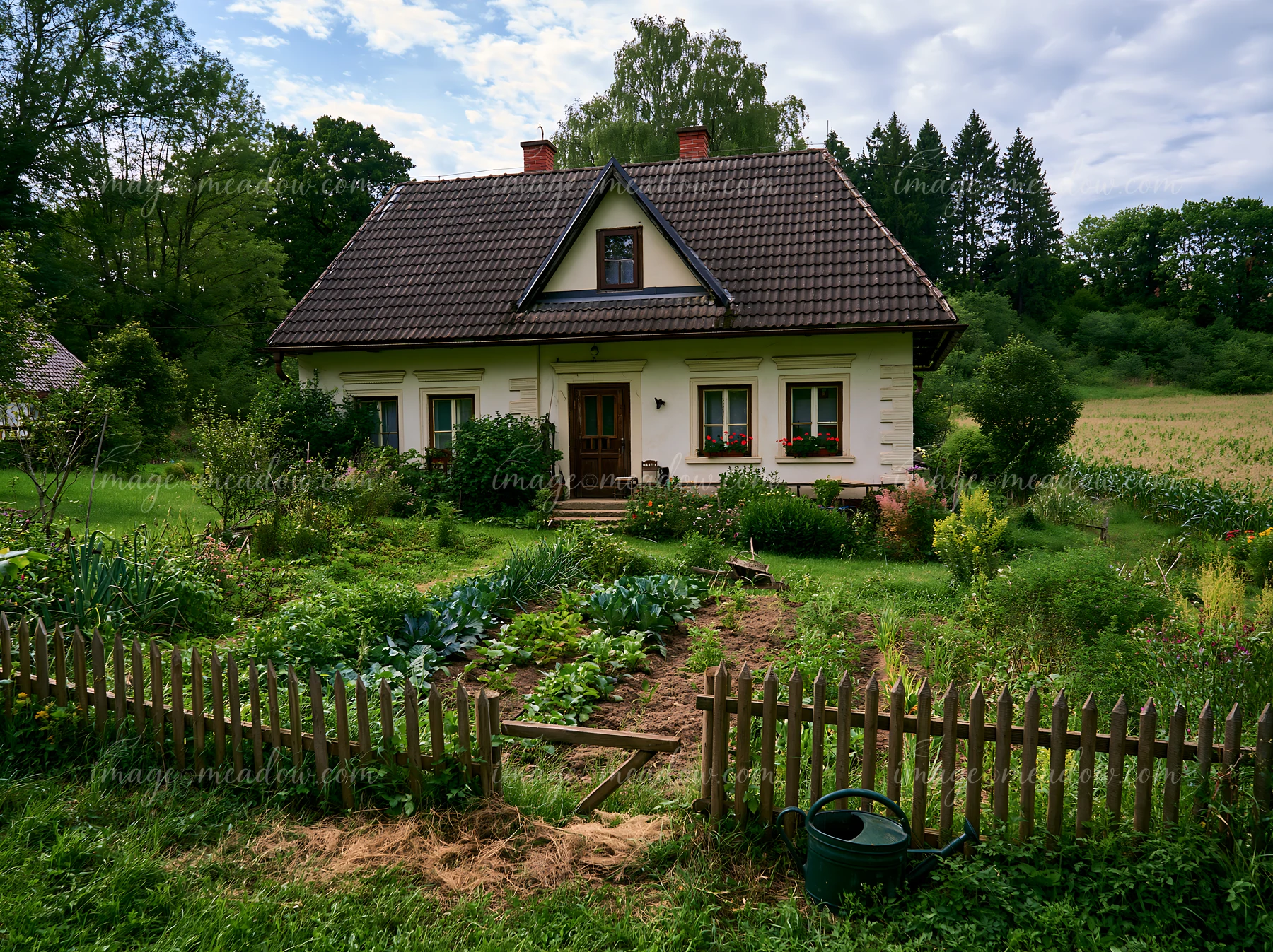 A farmhouse stands in a green field with a well-kept garden in front.