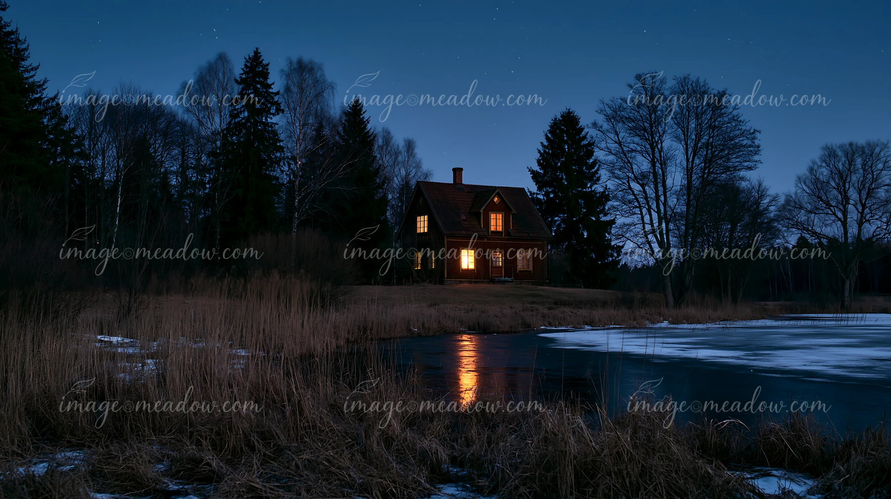 A farmhouse stands near a pond under a night sky filled with stars.