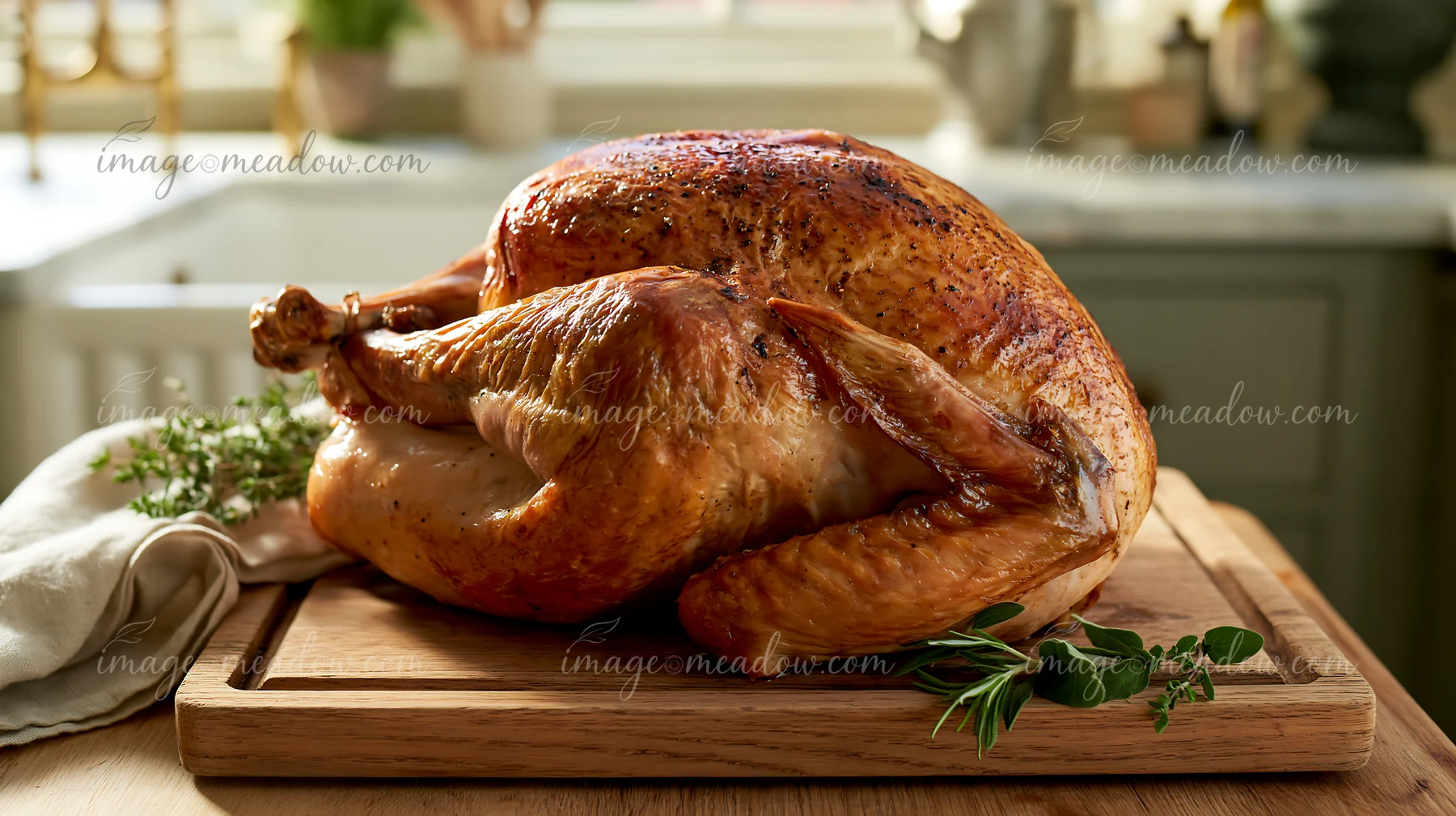 A festive Christmas roast turkey is placed on a wooden cutting board in a high-end kitchen.