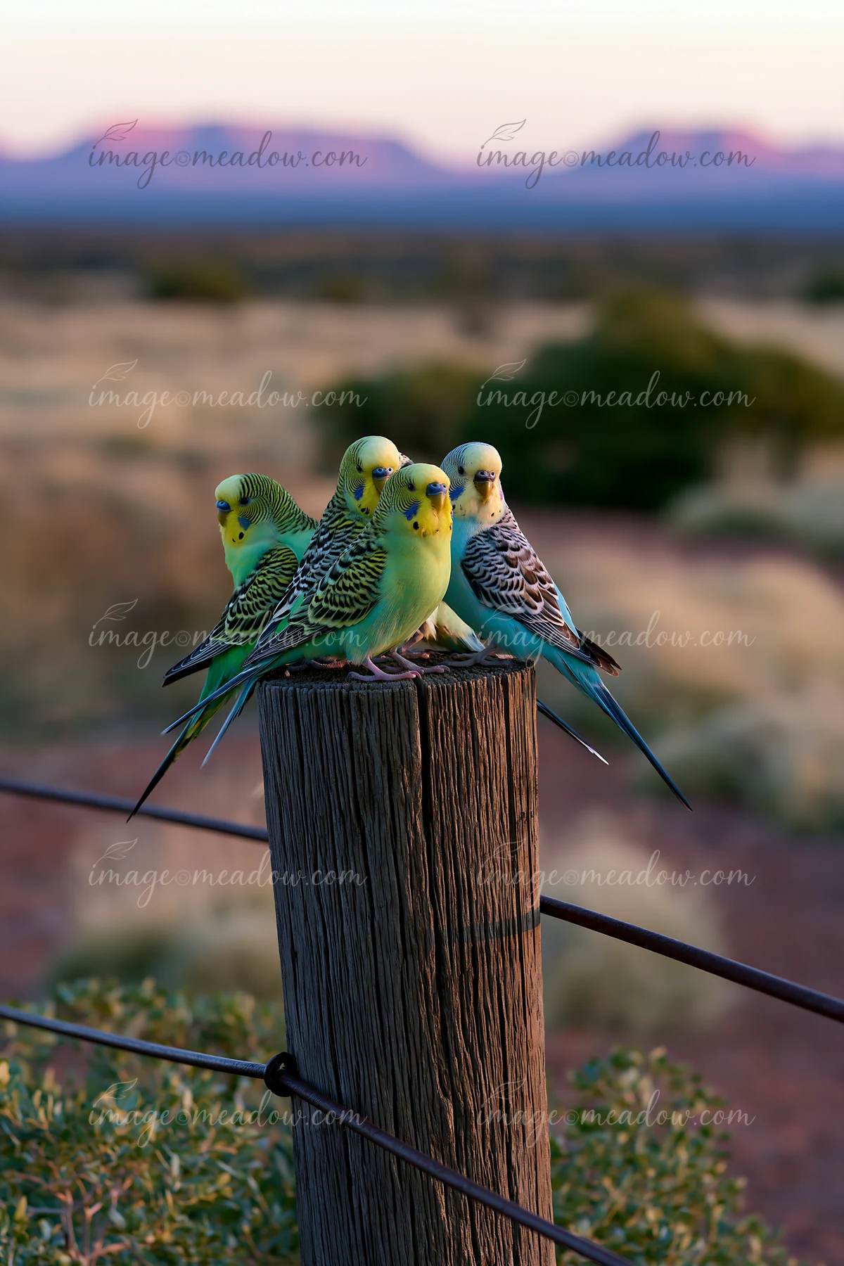 A flock of budgerigars rests on a wooden post in a desert landscape during twilight.