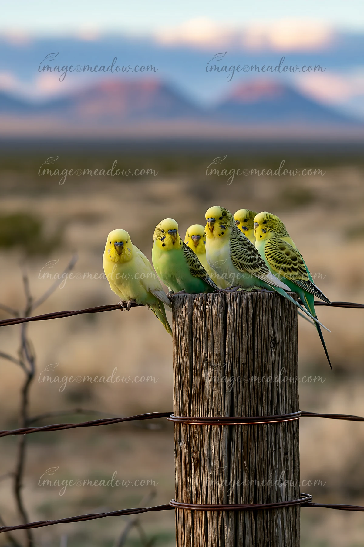 A flock of budgerigars sits on a wooden post in a desert landscape.