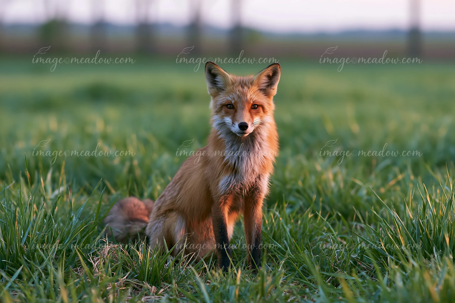 A fox sits calmly in a green meadow photographed from ground level, surrounded by tall grass.