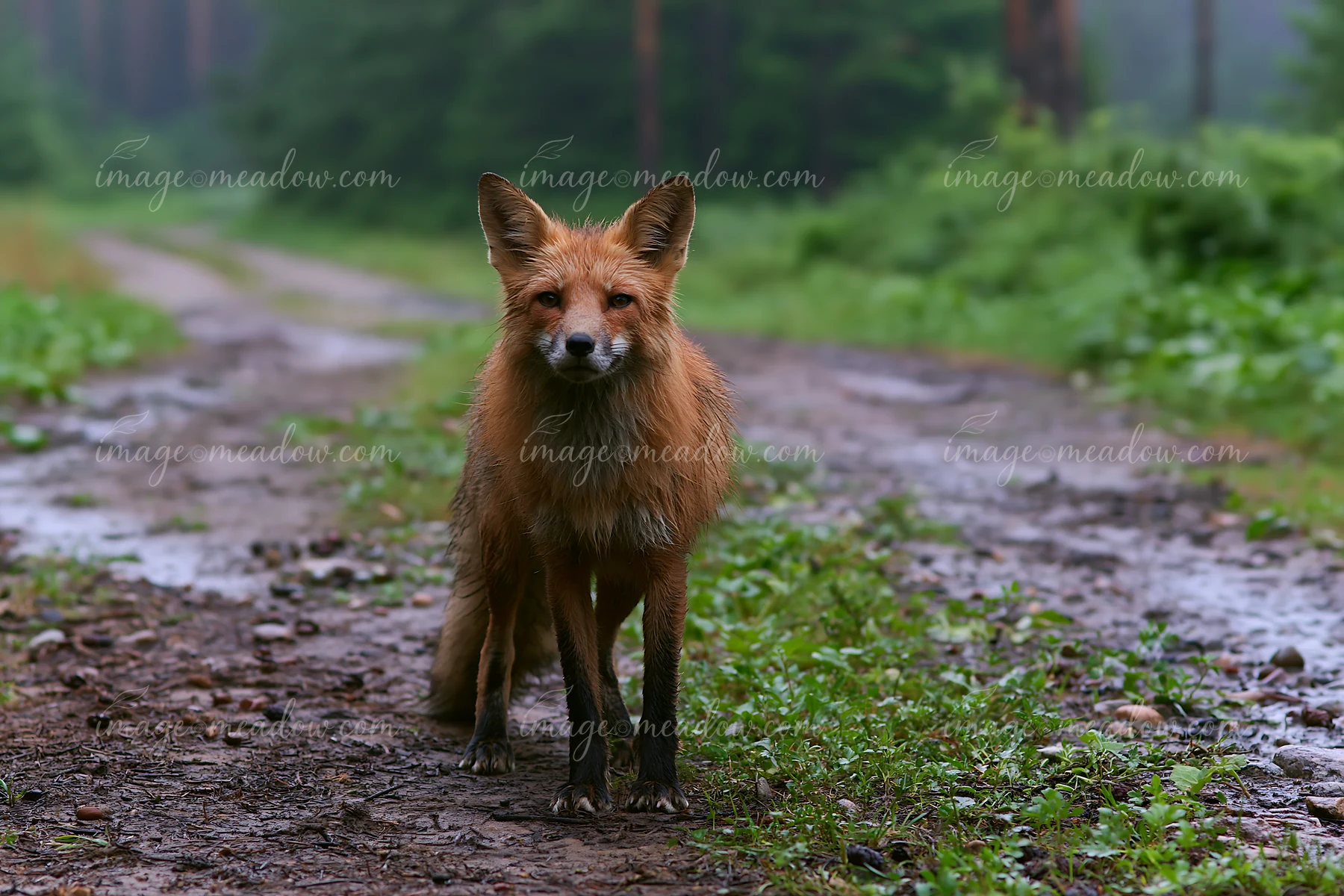 A fox stands on a muddy path in a pine forest, surrounded by fog drifting through the trees.