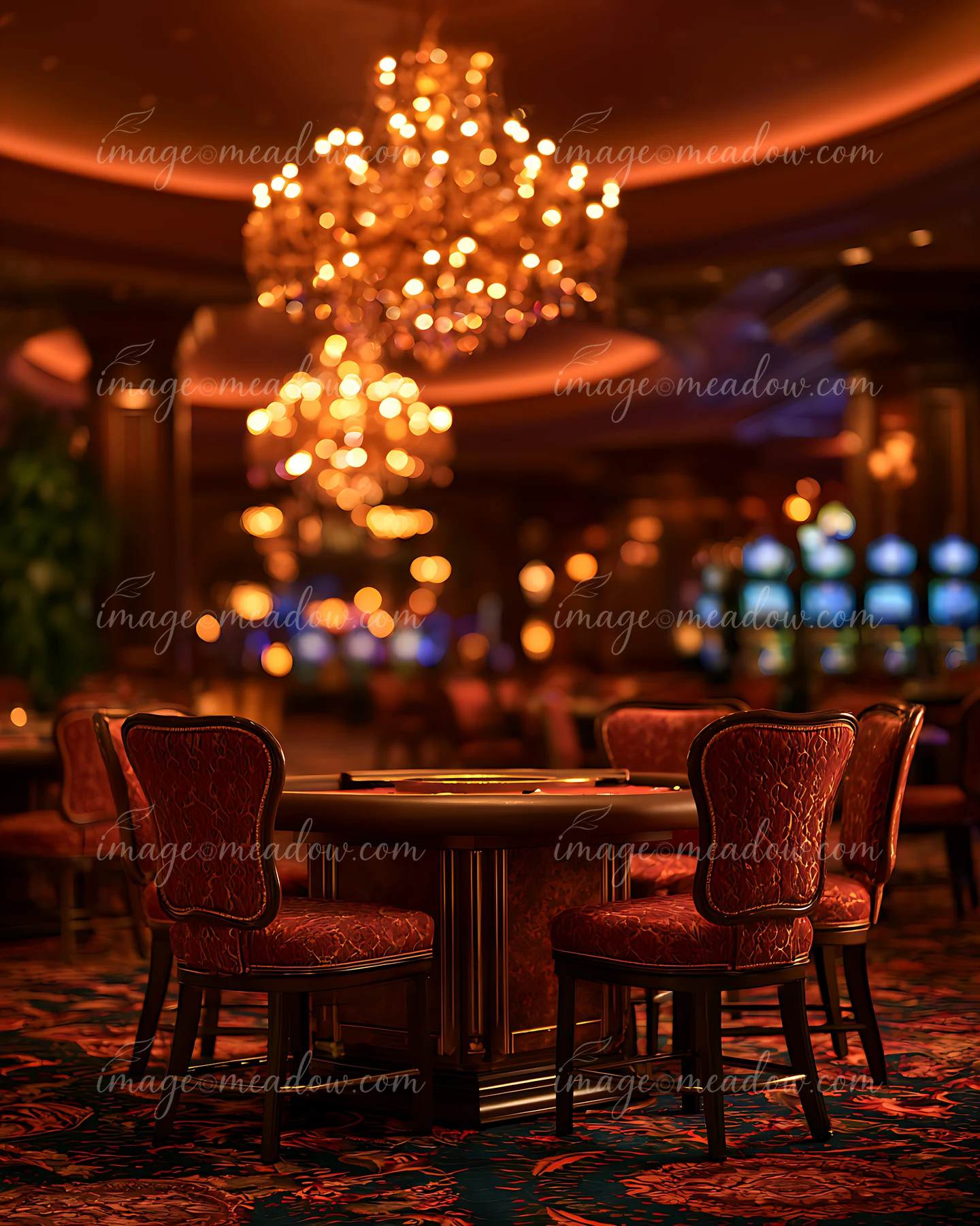 A gambling table surrounded by several elegant chairs in a casino.