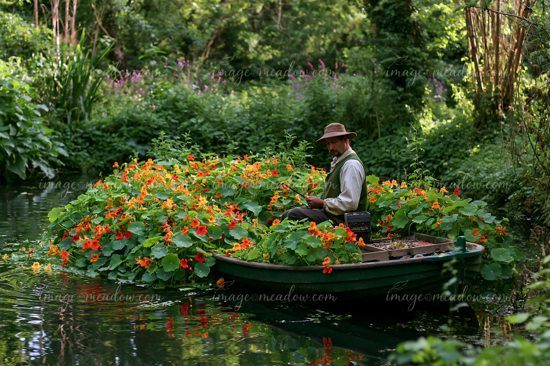 A gardener sits on a boat surrounded by an island covered with nasturtiums in a lush green landscape.