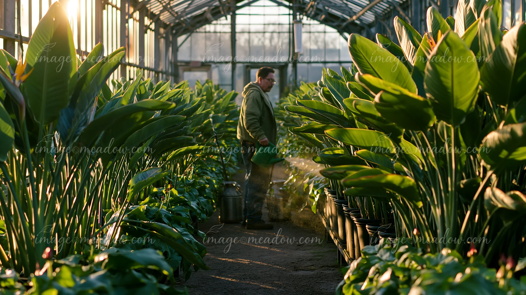 A gardener waters bird of paradise flowers in a greenhouse filled with lush plants.