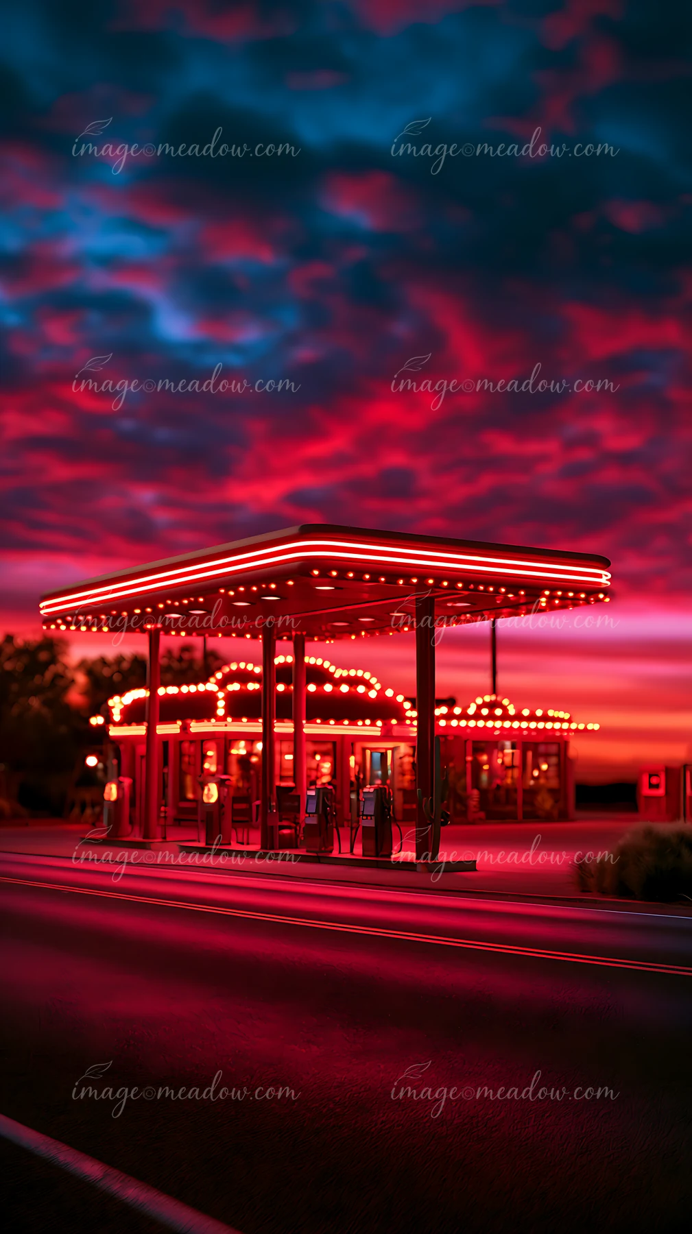 A gas station stands illuminated with neon lights against a vibrant sunset sky.