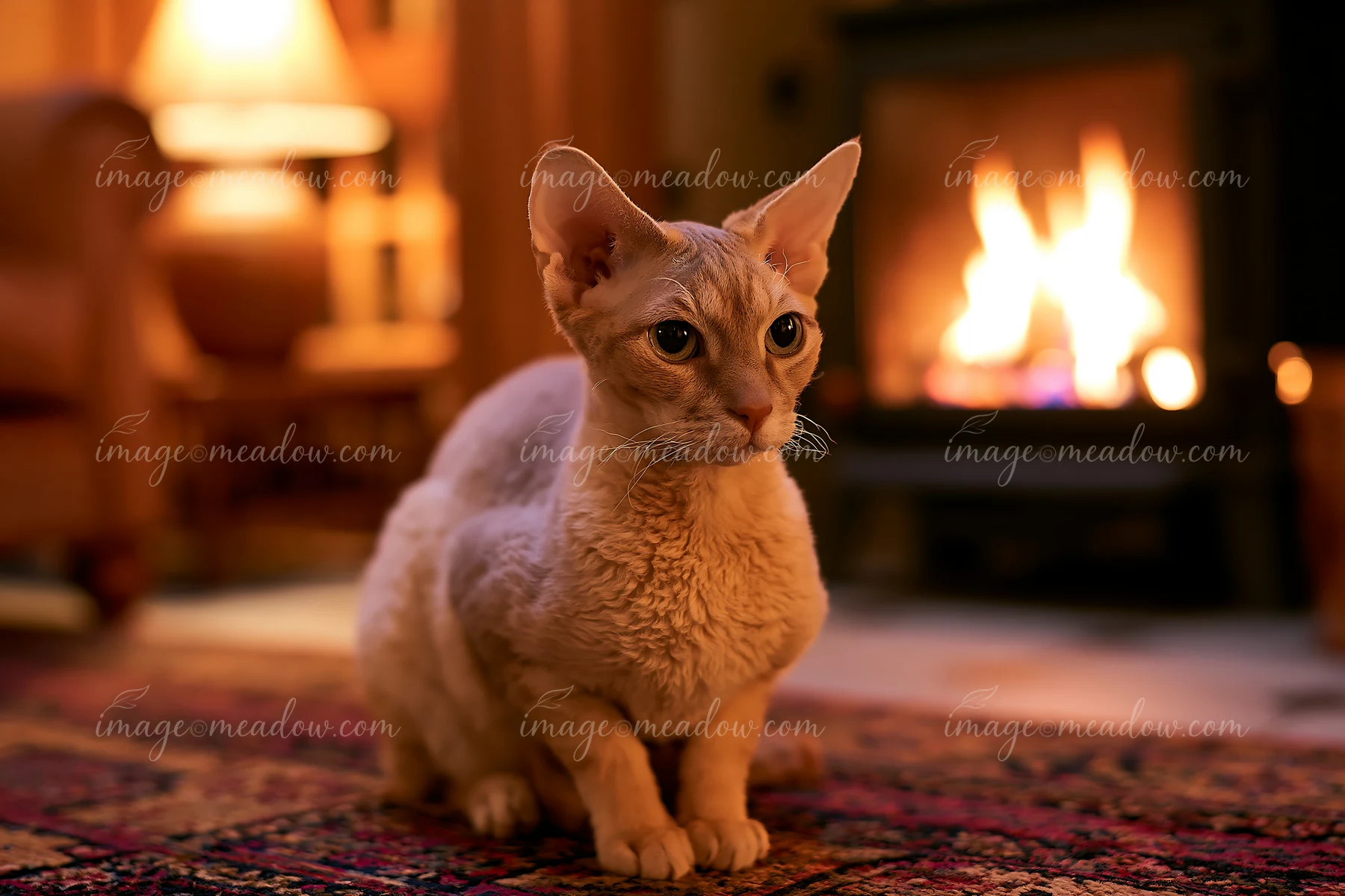 A German Rex cat sits on a patterned rug in a warm room with a fireplace.