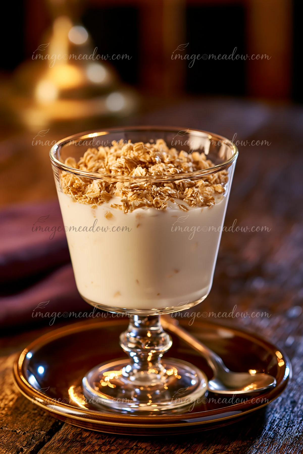 A glass cup holds a cream dose topped with oat flakes, sitting on a wooden table.
