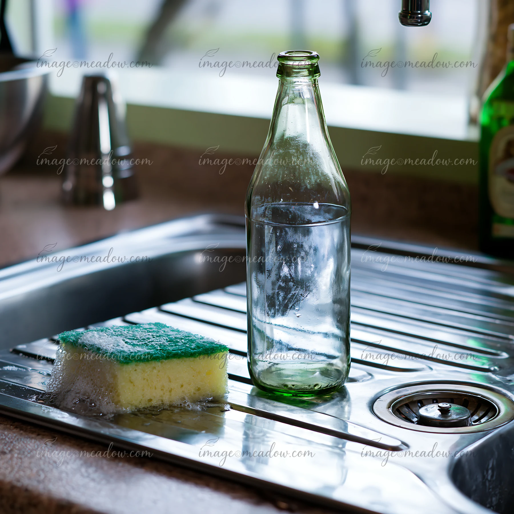 A green glass bottle sits in a kitchen sink next to a sponge covered in soap.
