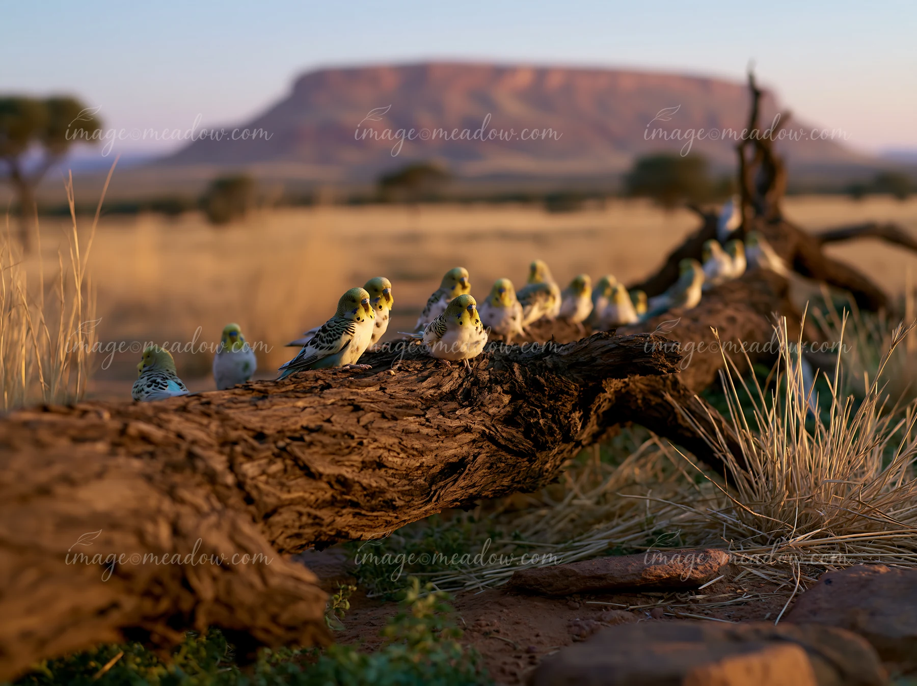 A group of birds is perched on a wooden log in a meadow during sunset.