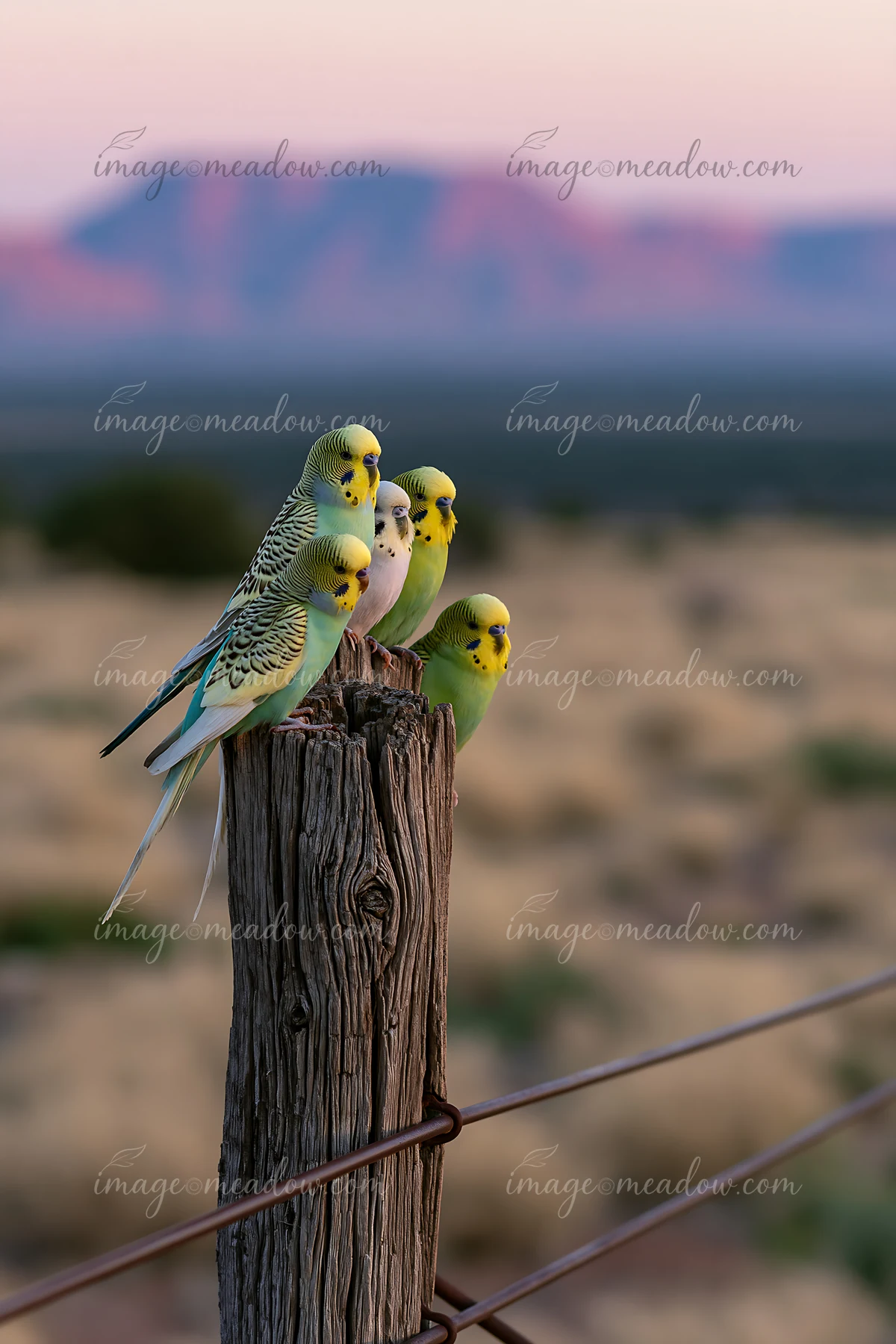 A group of budgerigar flock in desert landscape gathers on a wooden post at sunset.