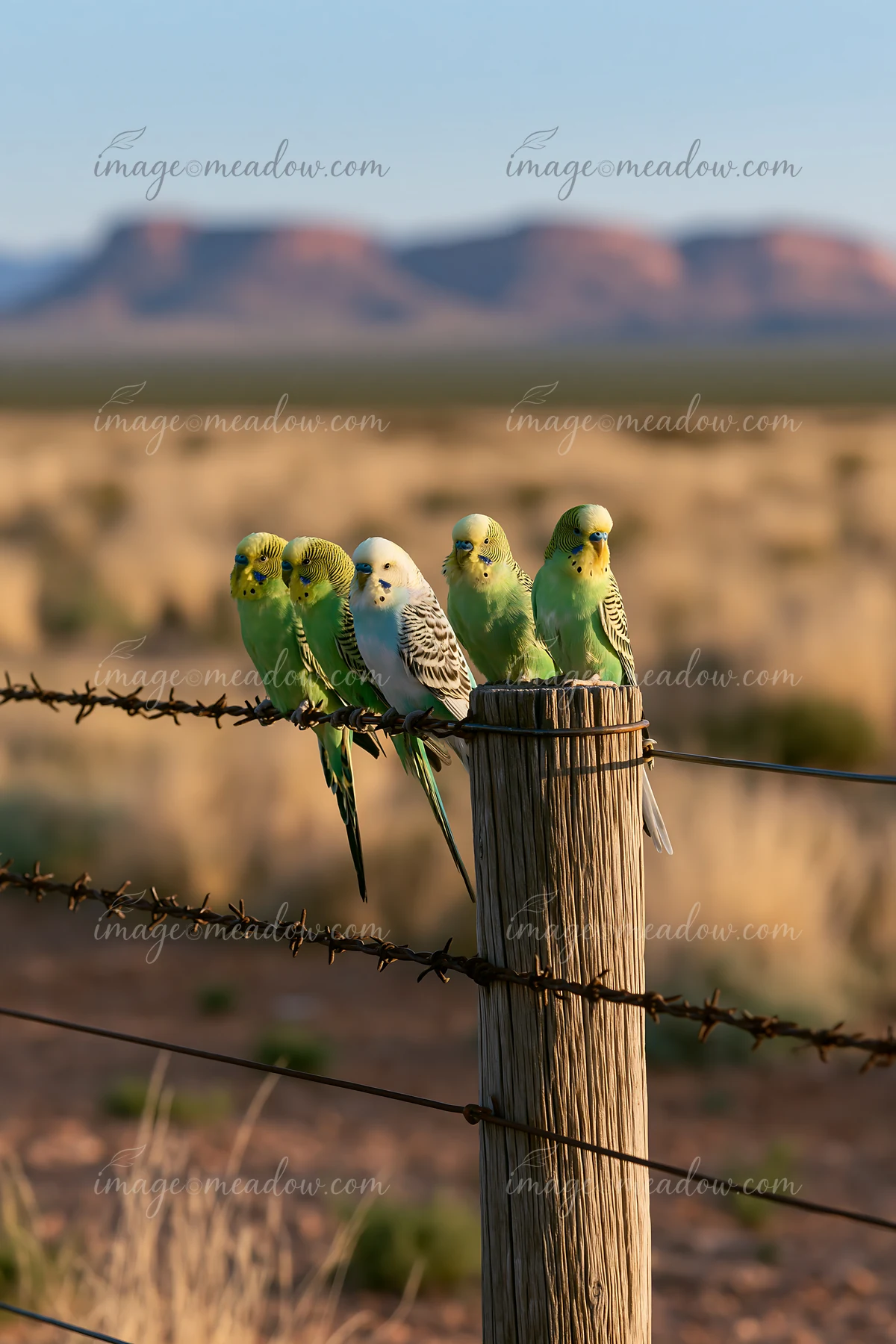 A group of budgerigars perched on a wooden fence in a dry, desert landscape with distant mountains.