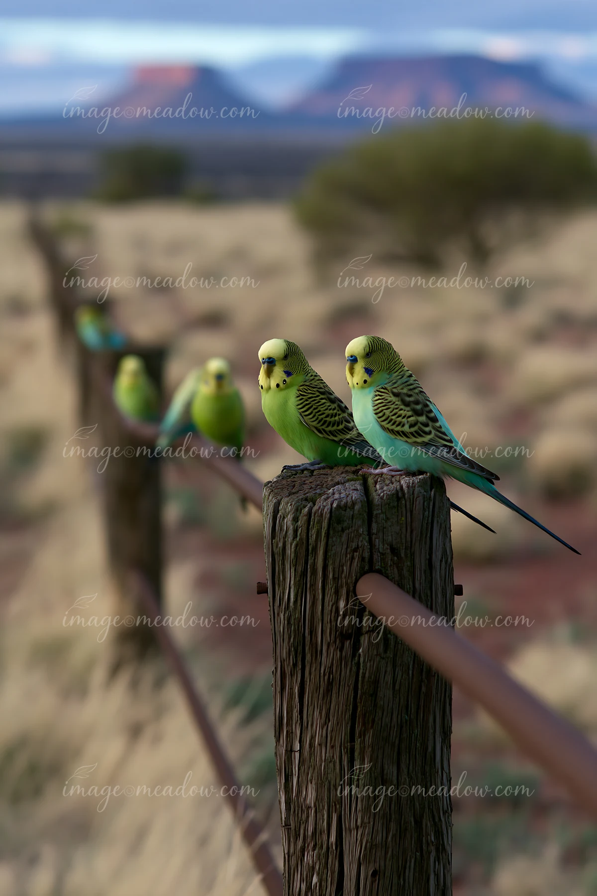 A group of budgerigars rests on a fence post in a desert landscape.