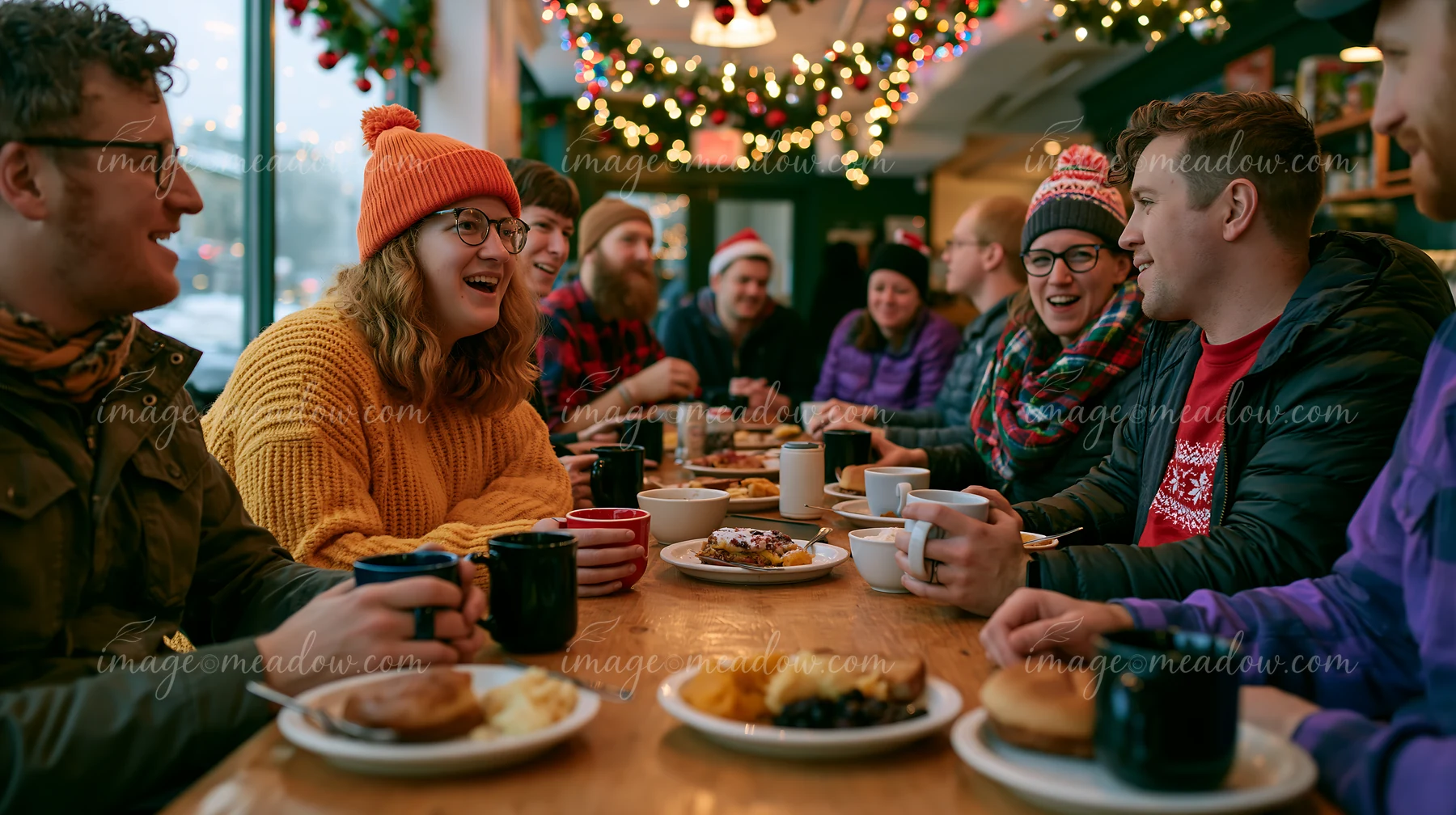 A group of friends sits around a wooden table in a coffee shop, enjoying beverages and pastries.