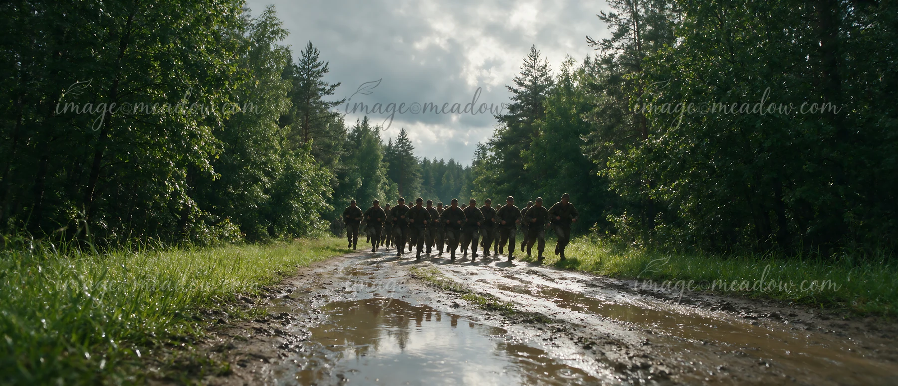 A group of soldiers marching together on a muddy path surrounded by trees.