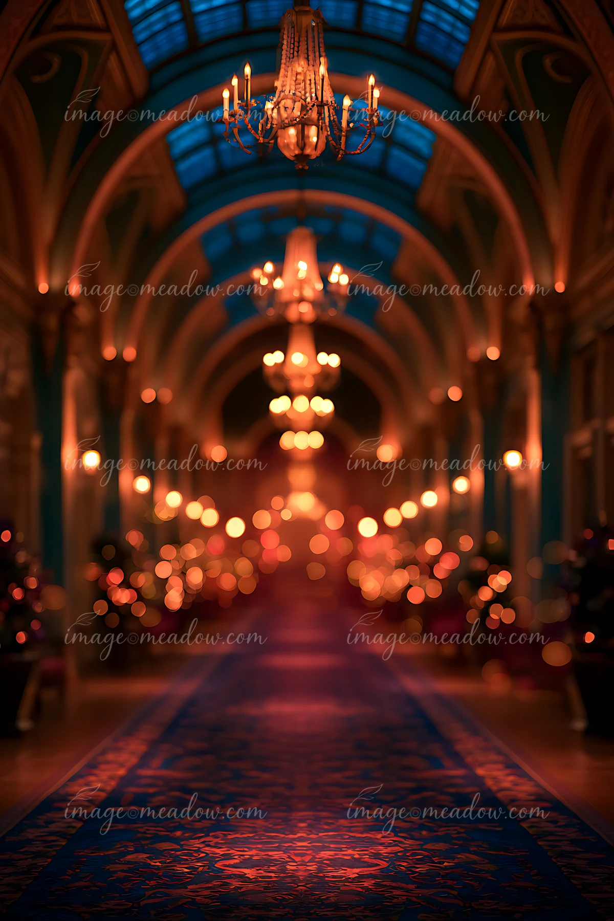 A hallway features tall chandeliers and warm lighting, creating a cozy atmosphere.