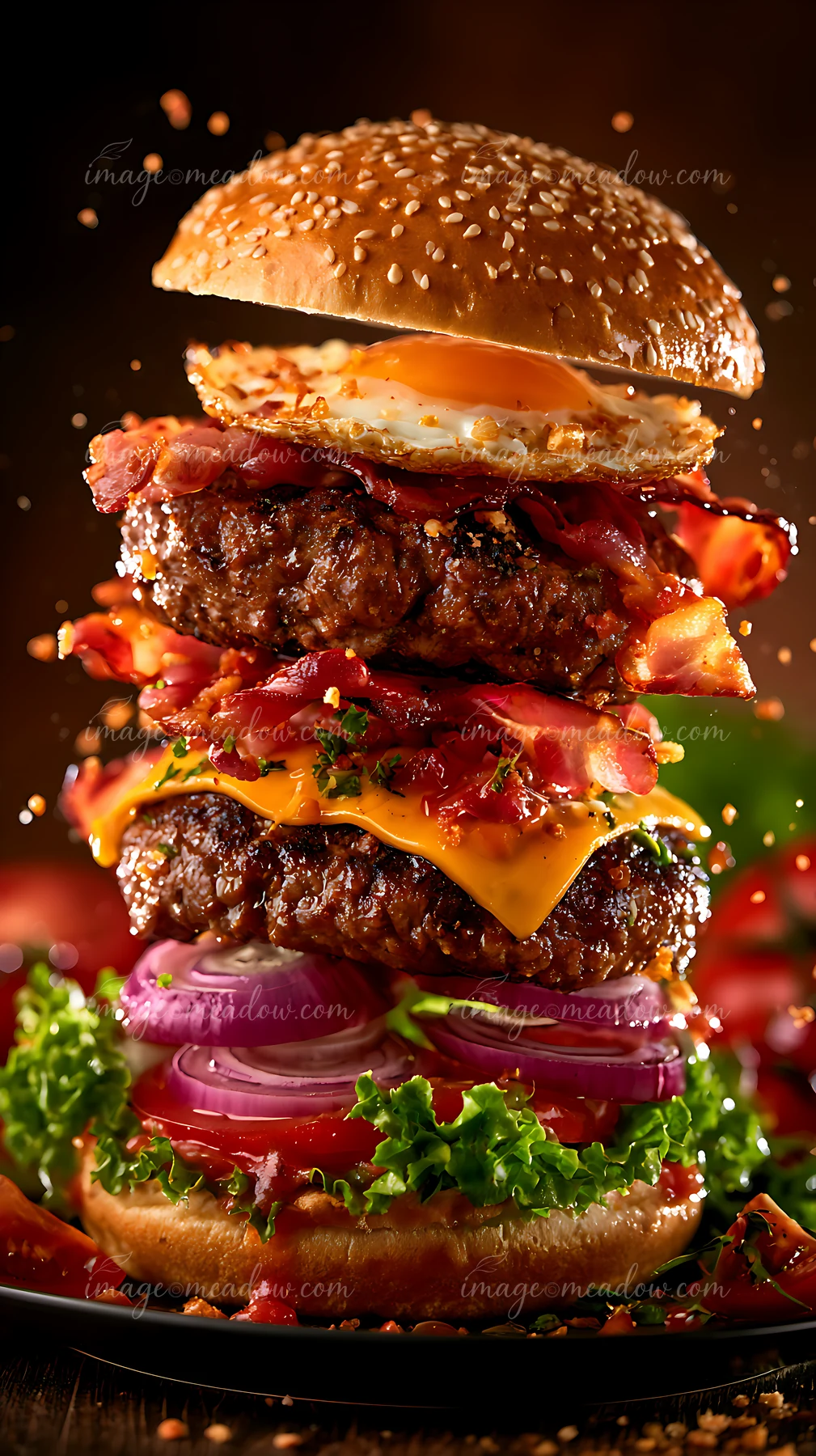 A hamburger features three layers of beef patties stacked with cheese, bacon, lettuce, onion, and sauce.