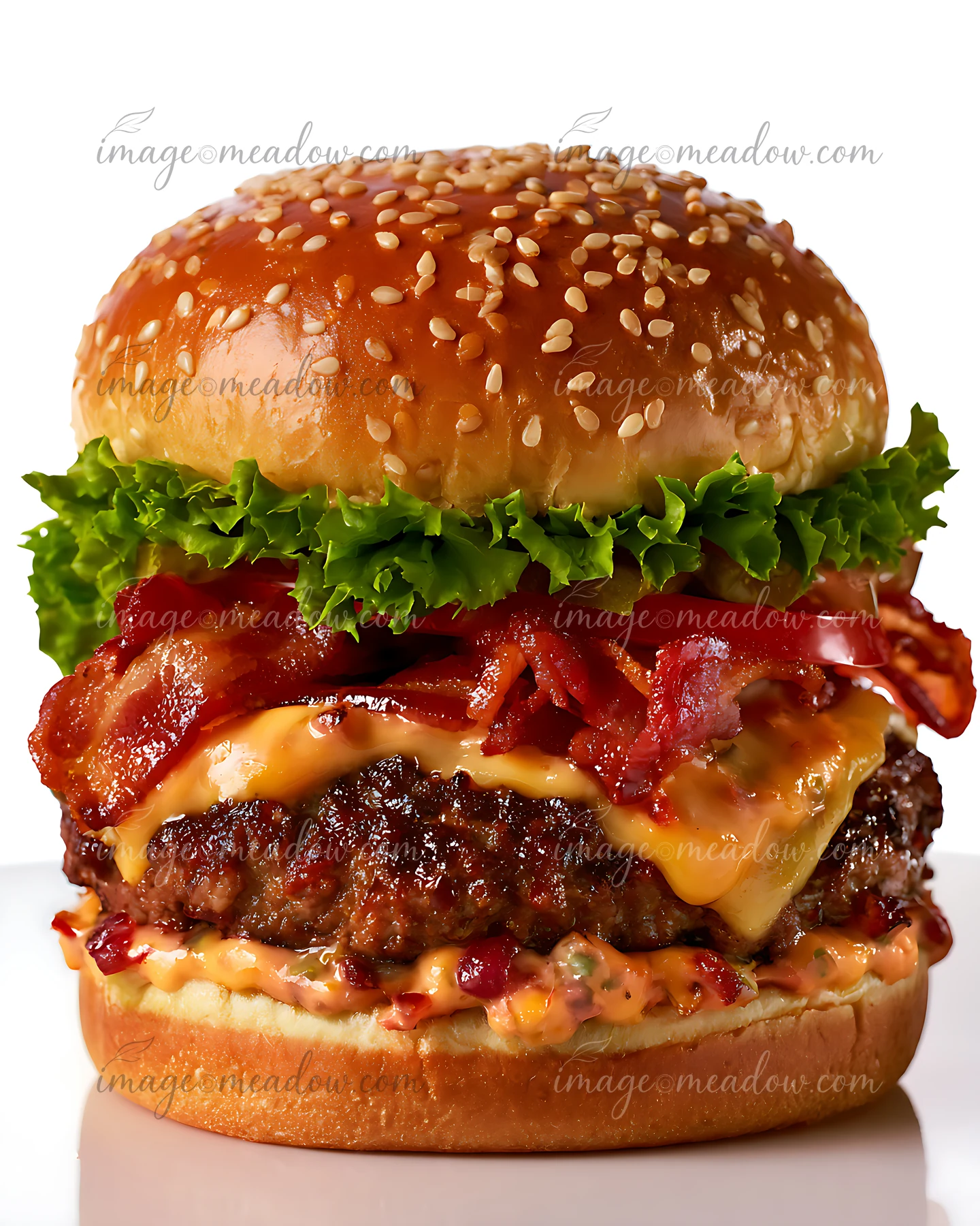 A hamburger sits on a white plate featuring layers of lettuce, bacon, melted cheese, and a beef patty.