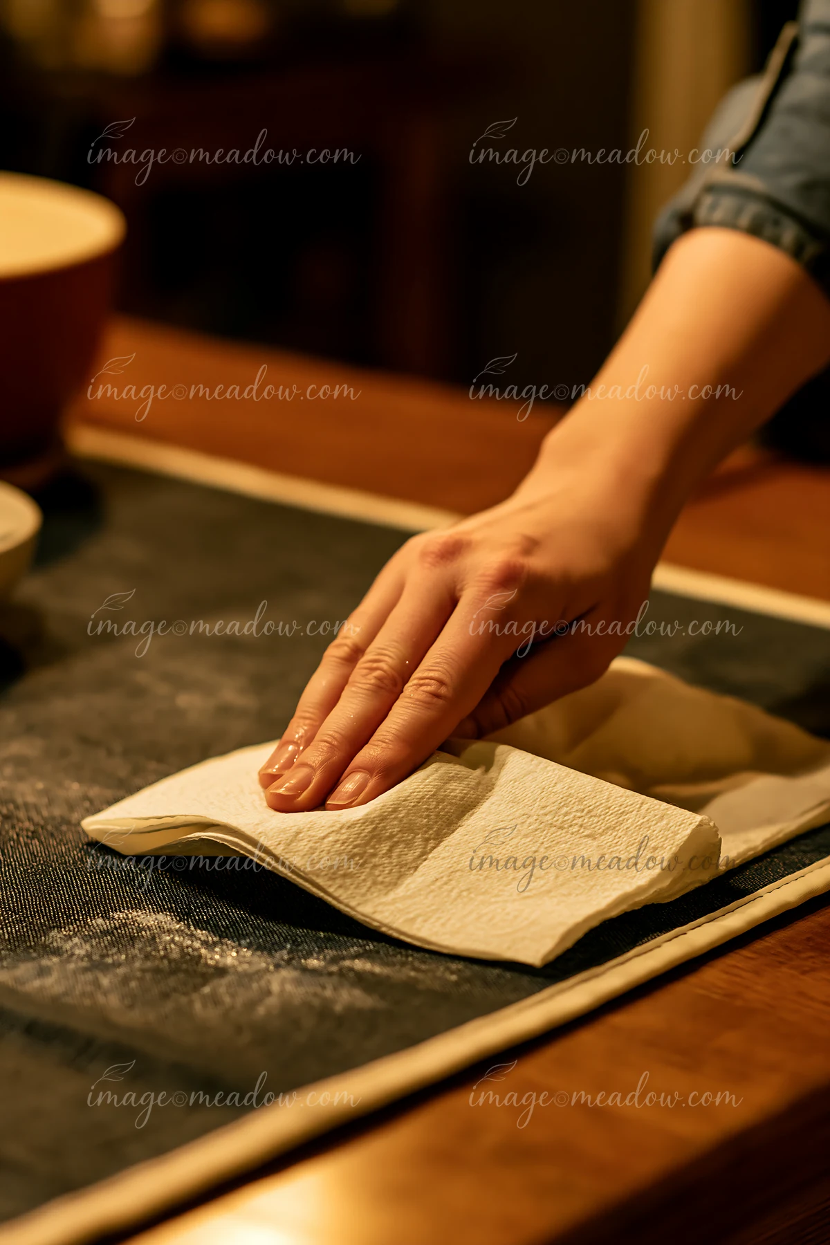 A hand is pressing a paper towel against a fabric surface to absorb a stain.