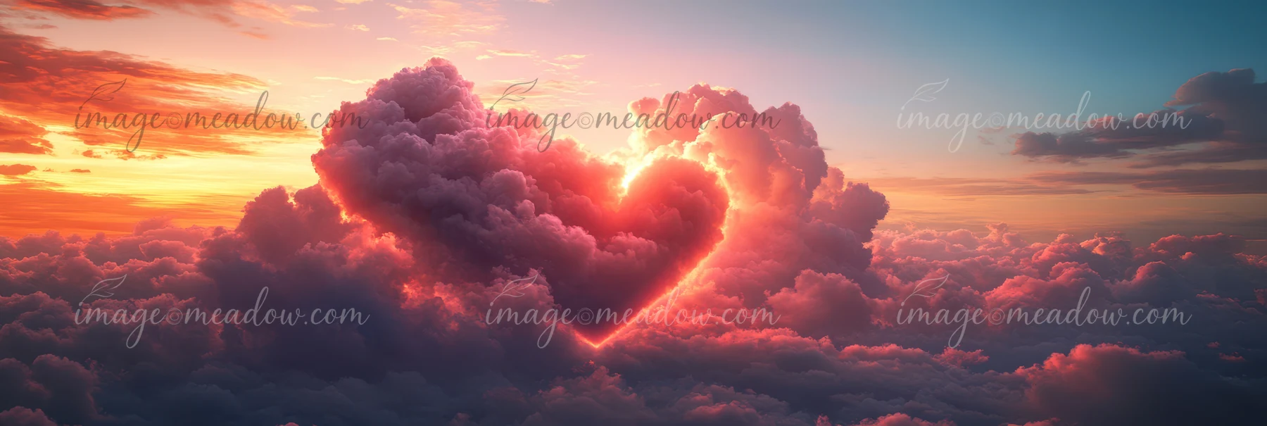 A heart shape appears in the clouds against a colorful sunset sky.