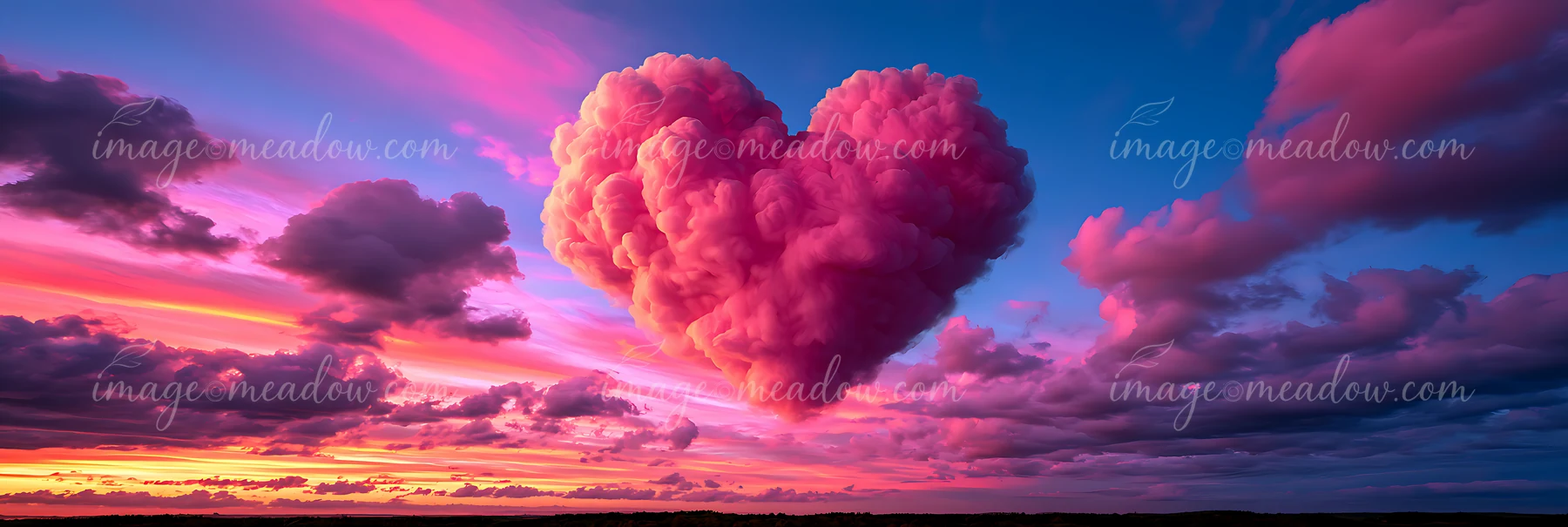 A heart shape made of clouds hovers above the horizon during a vivid sunset, with shades of pink, purple, and orange filling the sky and creating a dramatic eff