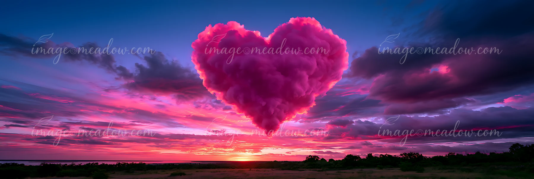 A heart-shaped cloud floats in a vibrant sky filled with pink and purple hues at sunset.
