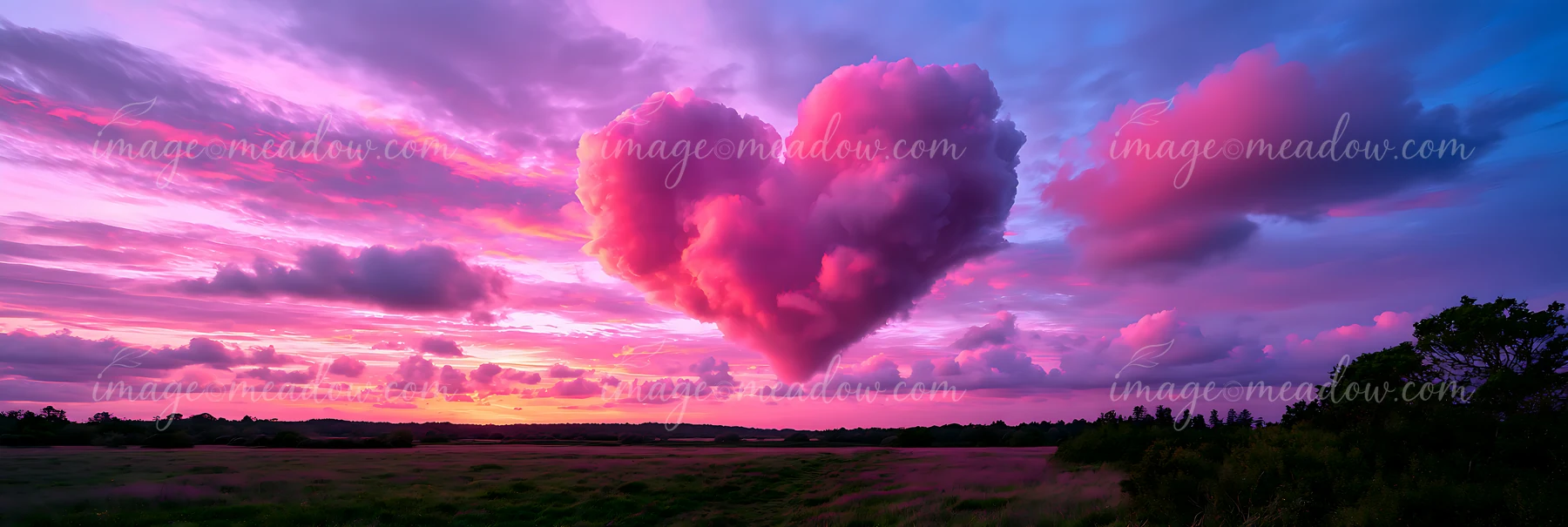 A heart-shaped cloud floats in the sky during sunset, surrounded by vibrant pink and purple hues.