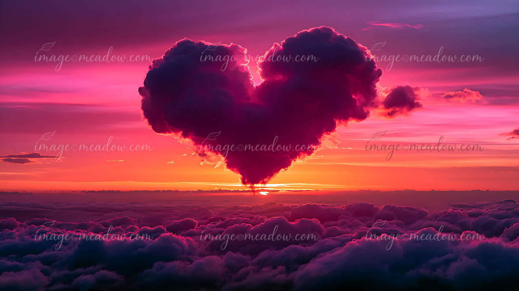 A heart-shaped cloud hangs in the sky during a colorful sunset, casting shades of pink and purple over the landscape below.