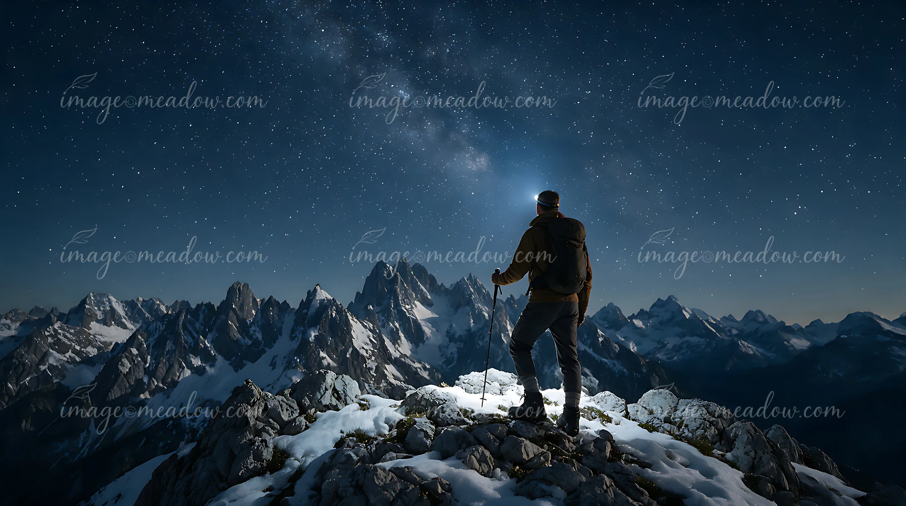 A hiker gazes at the breathtaking view of snow-capped mountains while standing on a rocky summit at night.