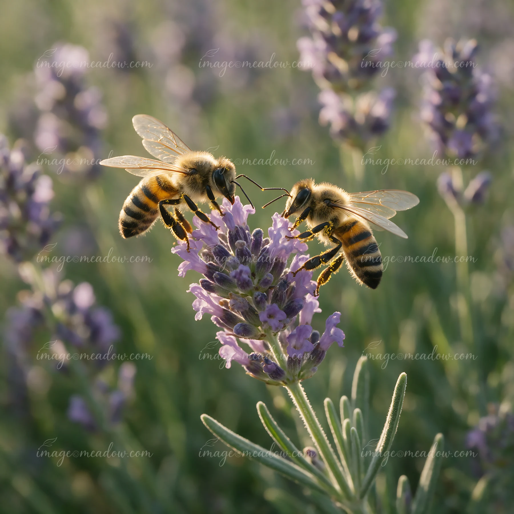 A honey bee interacting with another bee on a lavender flower in a field.