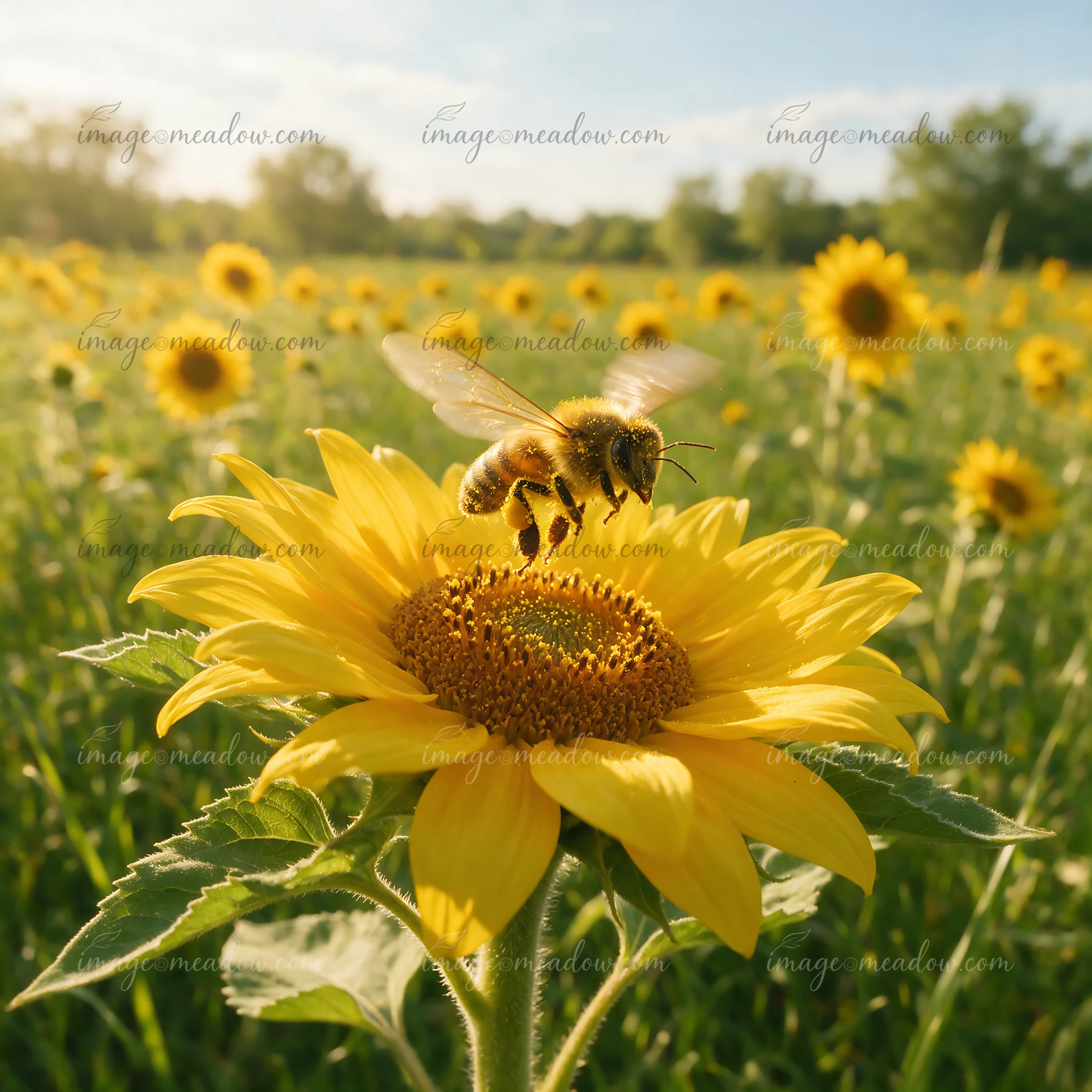 A honey bee taking off from a sunflower in a field.