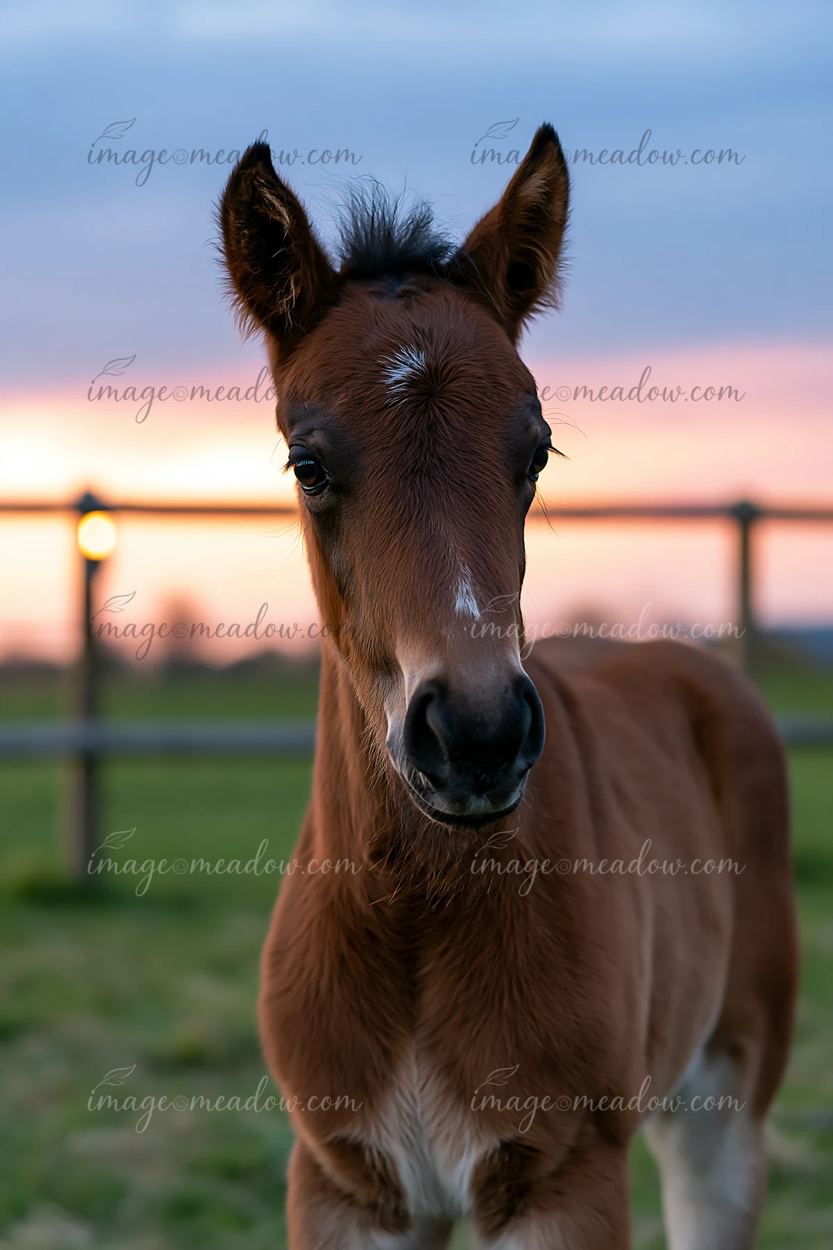A horse stands near a stable, with lantern light glowing softly and the sky painted in colors of sunset.