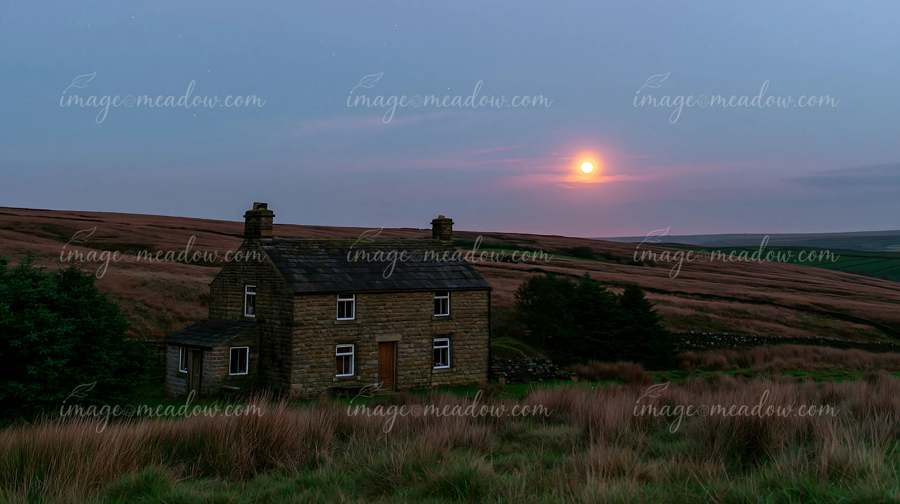 A house beneath a full moon and stars is set in a rural landscape.
