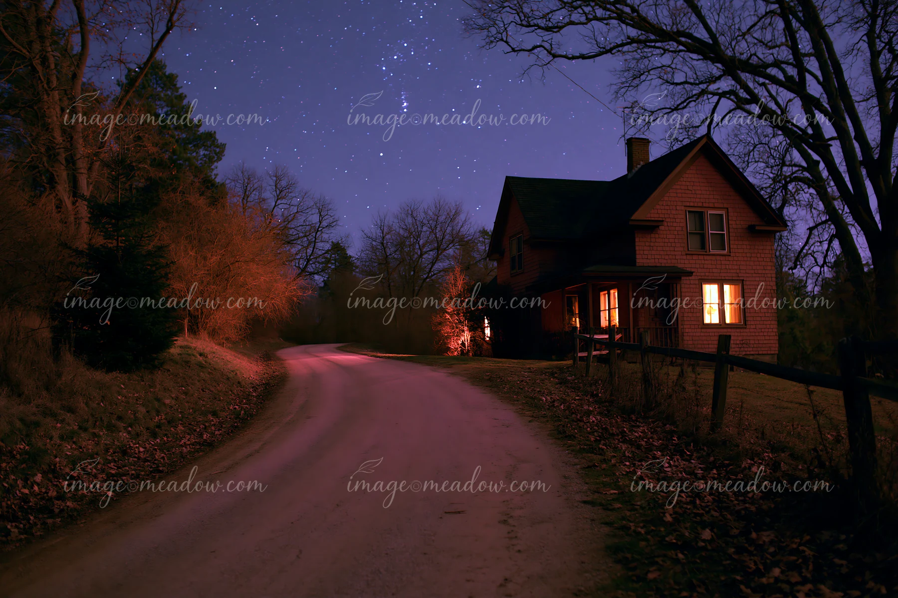 A house stands beside a winding road under a clear night sky filled with stars.