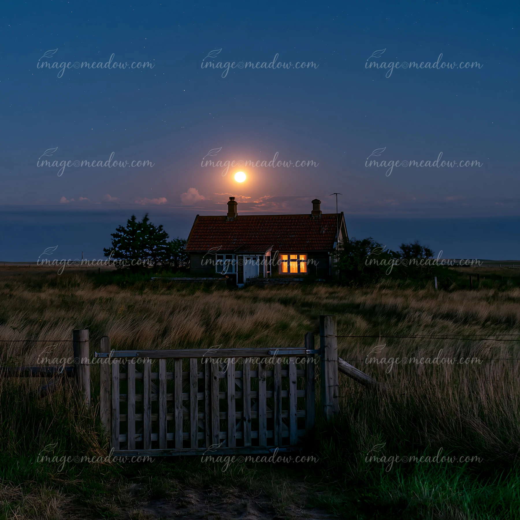 A house stands in a grassy field with the full moon illuminating the night sky.