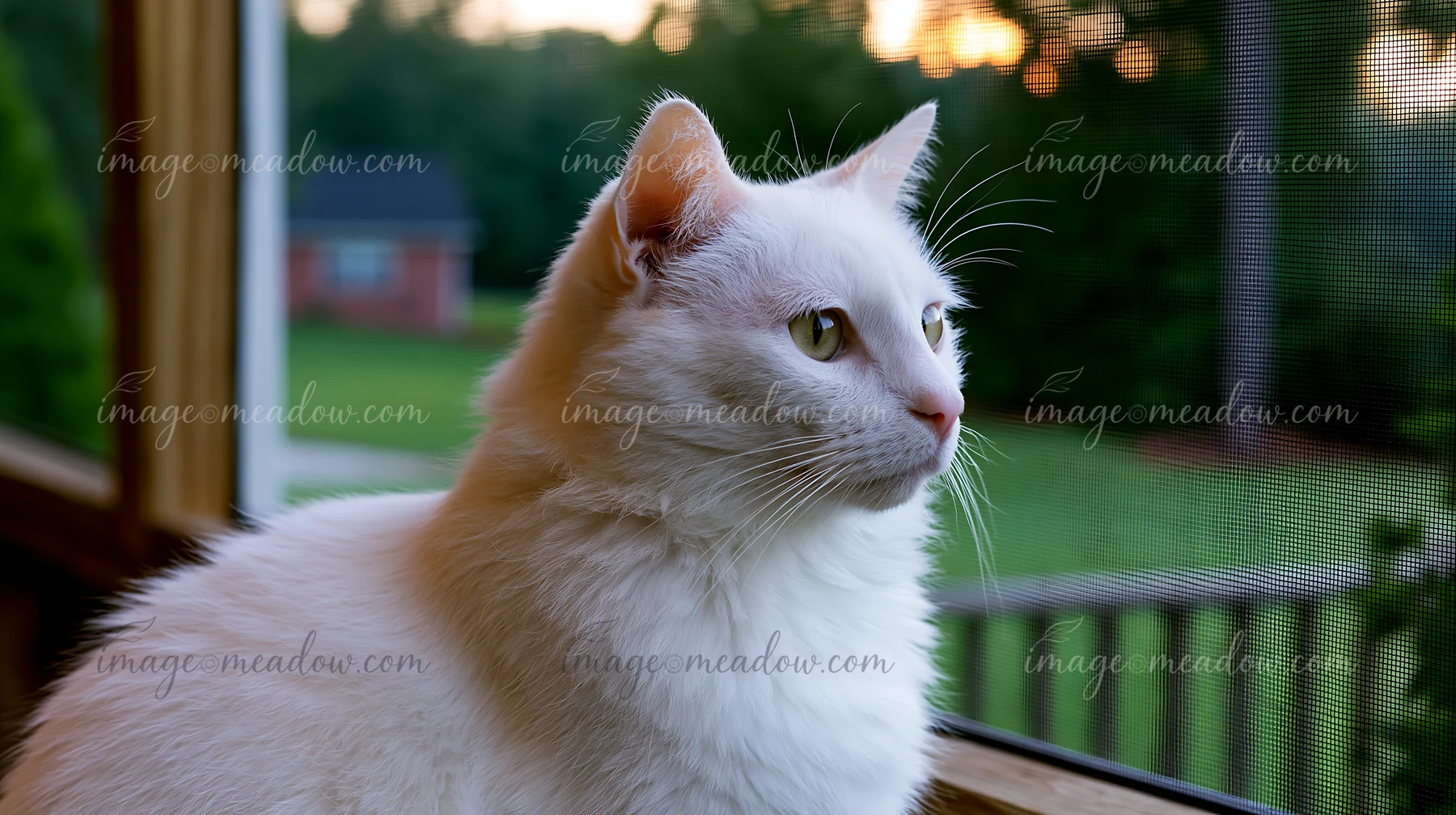 A Khao Manee cat gazes out the window at green grass and trees while the sun sets.