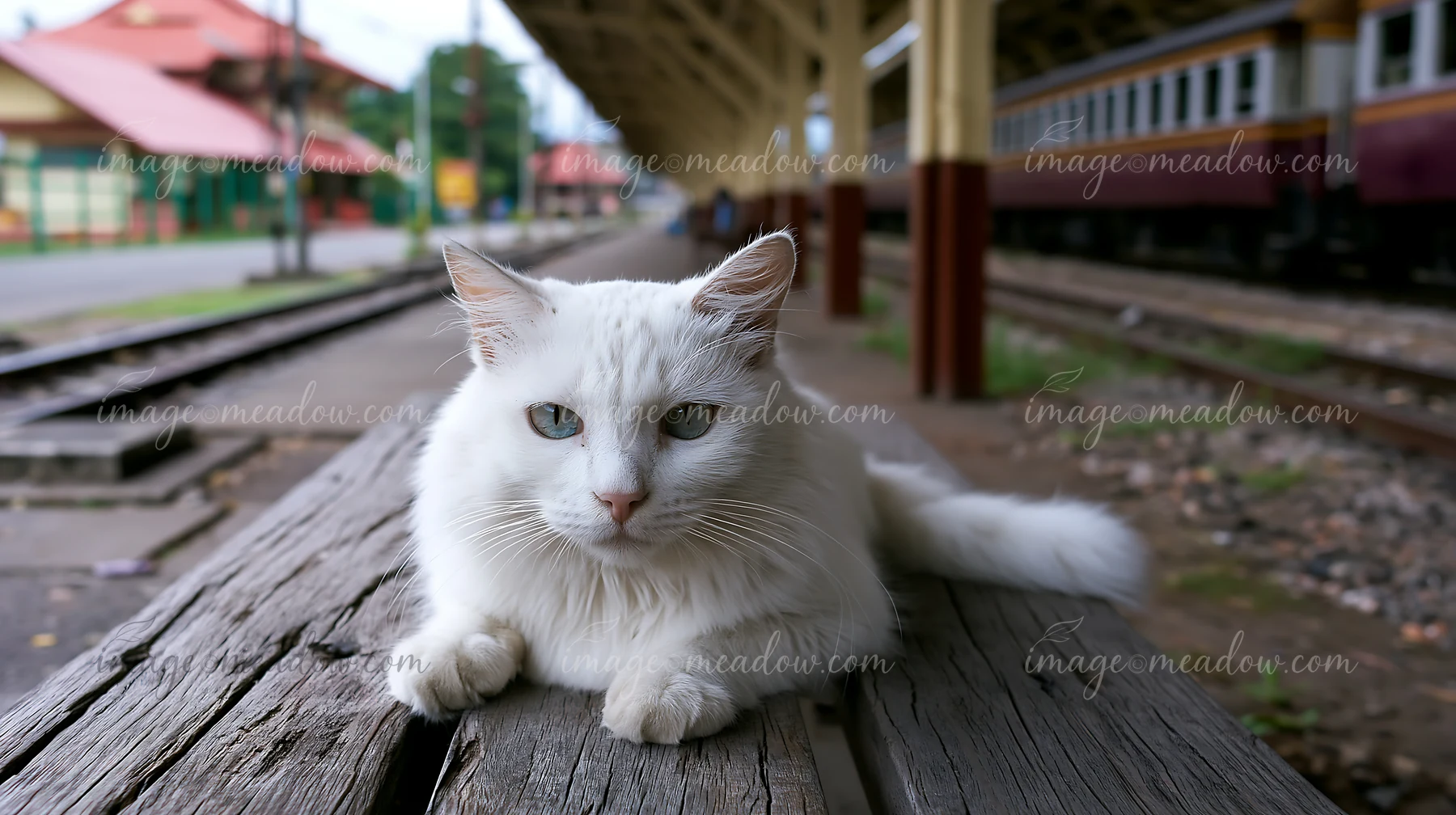 A Khao Manee cat lies on a wooden bench at a train station, looking directly at the camera.