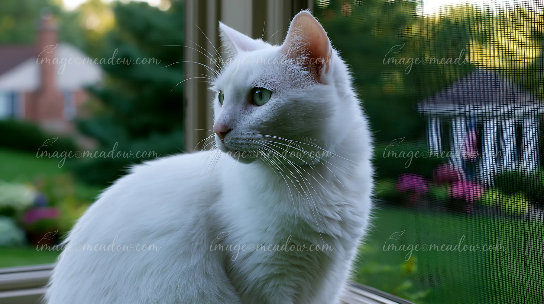 A Khao Manee cat sits by the window, looking outside at a garden with green grass, colorful flowers, and a small building.