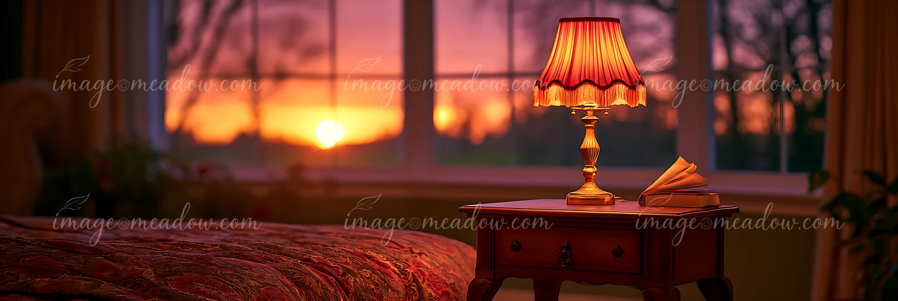 A lamp sits on a wooden table next to a bed as the sun sets outside the window, filling the room with warm colors.